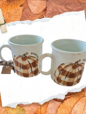 Mud Pie White Ceramic Mug with Brown Pumpkin Plaid Design